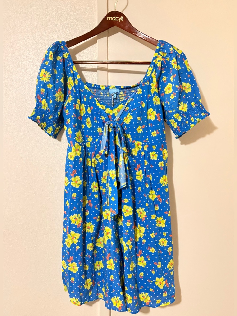 NWT Draper James Jennifer Polka Dot Floral Tie Front Mini Dress W/ Puff Sleeves
